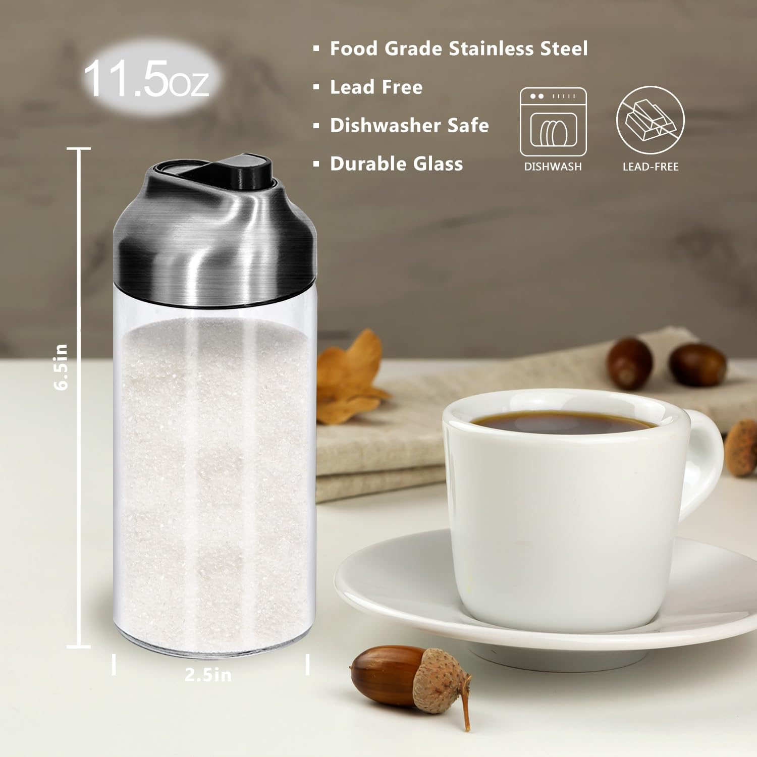 Aelga 12 OZ Glass Sugar Dispenser with Pour Spout, Weighted Pourer, for Coffee,Tea and Baking