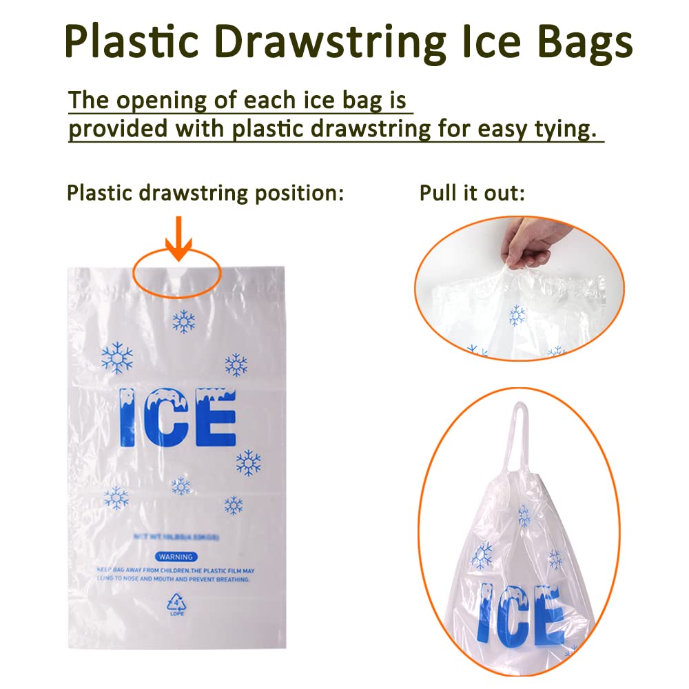 Belinlen 100 Pack 10 lb. Drawstring Ice Bags 12 x 21 Inch Heavy-Duty Plastic With Draw String (2mil Thickness)