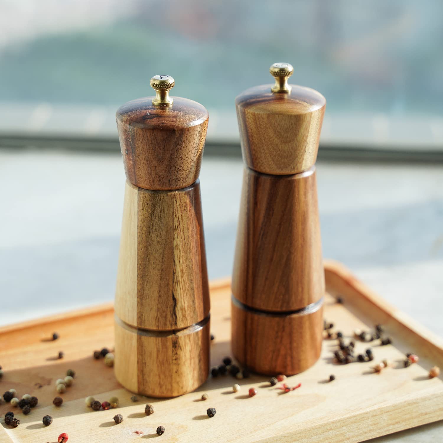 DeroTeno Salt and Pepper Mill Set, Adjustable Ceramic Grinder Salt Mill, Stainless Steel Grinder Pepper Mill, Acacia Wood, 16.5 cm / 6 inch Height, Bottom Dia 5 cm (Tray is NOT Included)