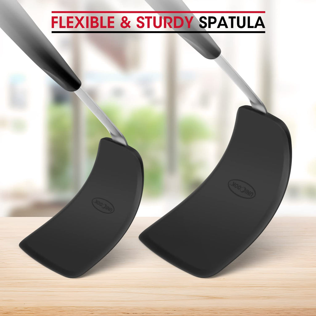 Unicook 2 Pack Flexible Silicone Spatula Flipper, Silicone Kitchen Cooking Utensil Set, Ustensile de Cuisine Turner 600F Heat Resistant, Ideal for Flipping Eggs, Burgers, Crepes and More, Black