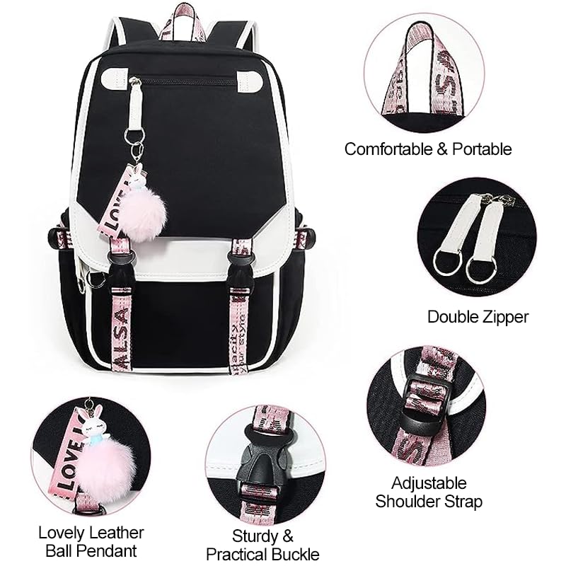 Uplayteck School Backpack 20 Liter Capacity, Black Waterproof with Laptop Compartment | Side Headphone Jack and USB Charging Port | Multiple Pockets | Cute Style for Girls, Kids and Teenagers