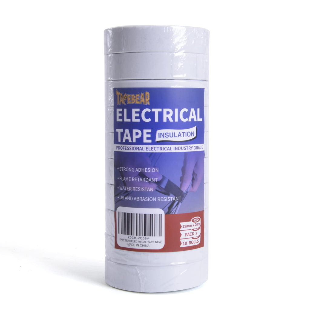 TAPEBEAR 10 Rolls White Electrical Tape, 3/4-Inch x 65.6 Feet, Strong Adhesive, Insulation, Waterproof, Professional Grade, for Insulating, Repairing, Electrical Wires Protection