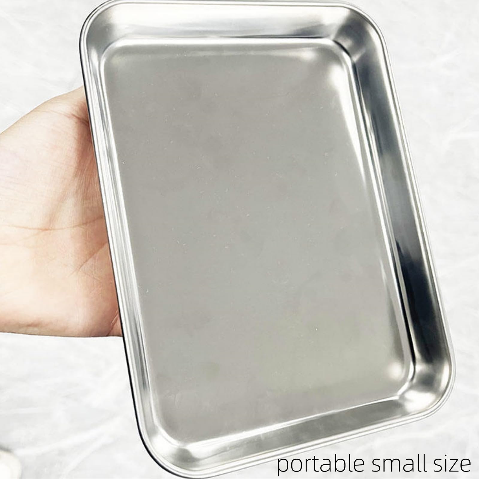 Lyellfe 6 Pack Small Stainless Steel Plates, 7''L x 5''W Mini Metal Food Tray Plate, Portable Size Baking Sheets for Oven, Food Safe Smooth Polished for Picky Eaters, Campers, Hand Project