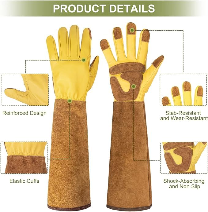 Long Gardening Gloves for Women Thorn Proof,Rose Pruning Cowhide Leather Garden Glove for Work,Cactus, Rose, Blackberry and Gifts (Yellow brown, Medium)
