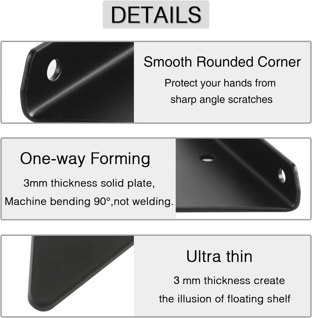 OVOV Triangle Shelf Brackets 3 inch 4 Pack Heavy Duty Floating Shelf Bracket Metal Hidden Brackets for Shelves Decorative Shelves Support （Black