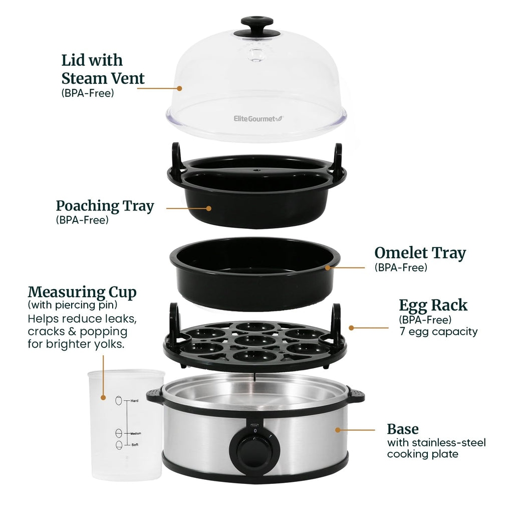 Elite Gourmet EGC648 Rapid Egg Cooker, 7 Easy-To-Peel, Hard, Medium, Soft Boiled Eggs, Poacher, Omelet Maker, Auto Shut-Off, Alarm, 16-Recipe Booklet, BPA-Free, Stainless Steel