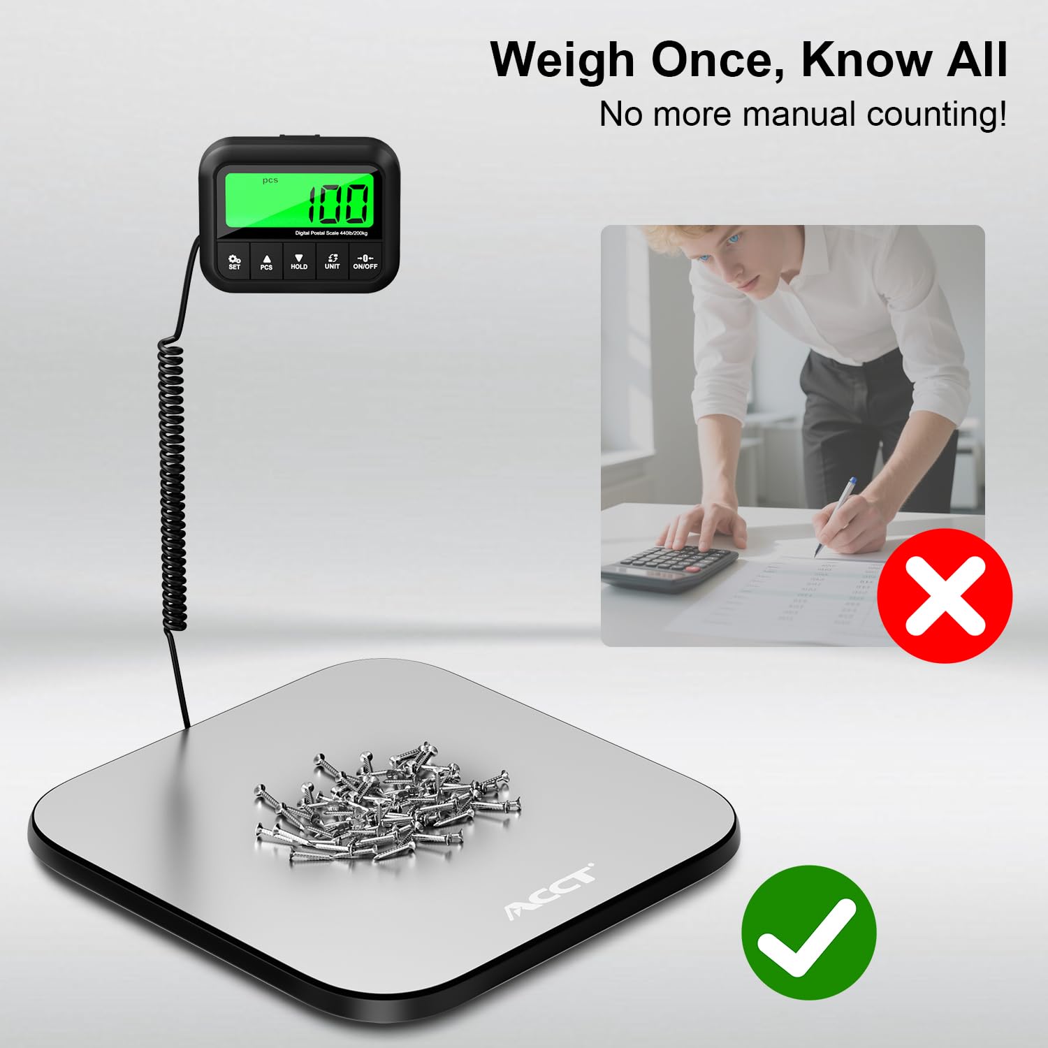 ACCT 440lb Postal Scale - Industrial Shipping Scale with Stainless Steel Platform, Tare/Hold/Counting Function for Luggage, Package, Mail | lb/kg/lb:oz | Heavy Duty Scale with Battery & Charging Cable