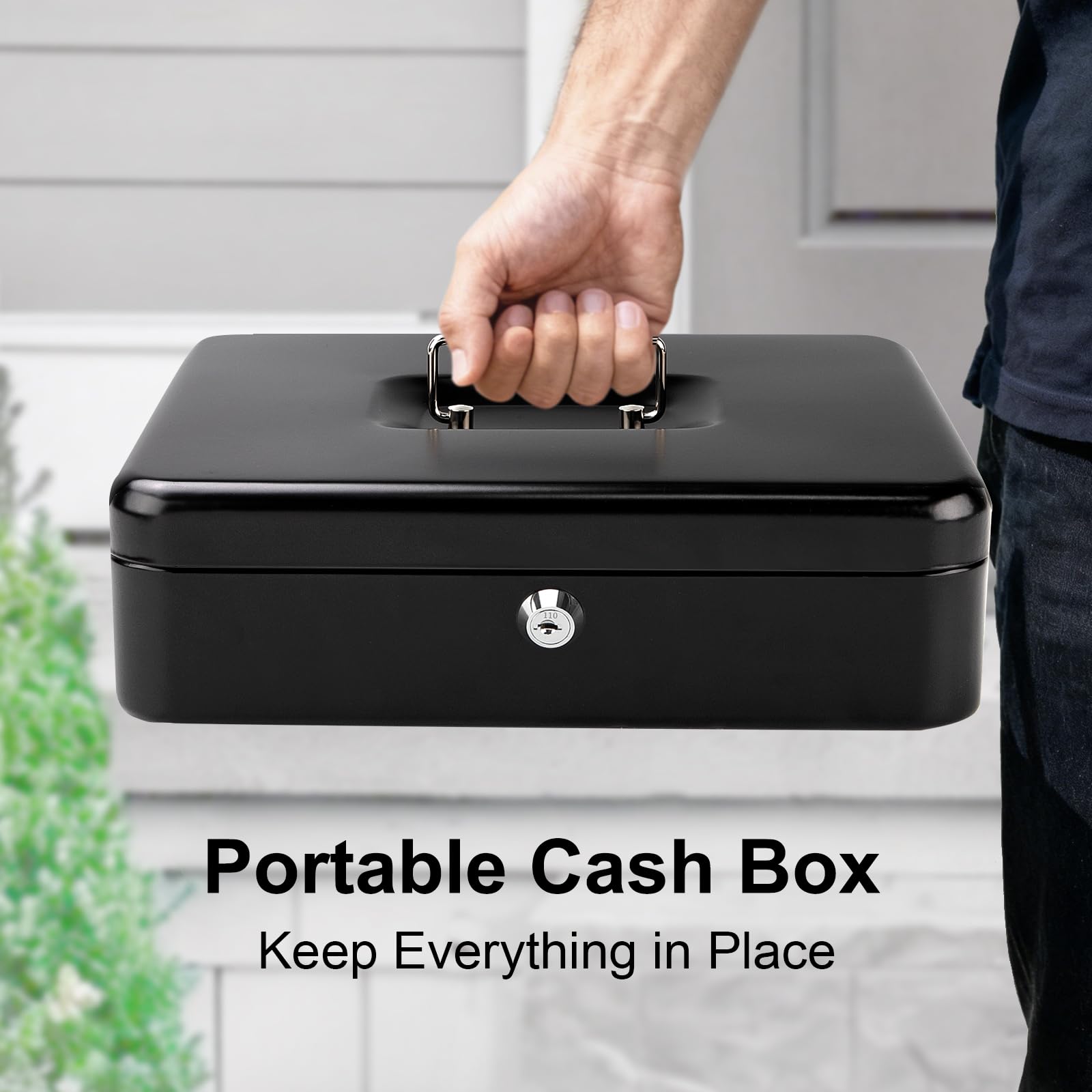 Jssmst Large Cash Box with Lock - 2017 New Metal Money Box 100% Safe, 11.8L x 9.5W x 3.5H Inches, Black, SM-CB0501L
