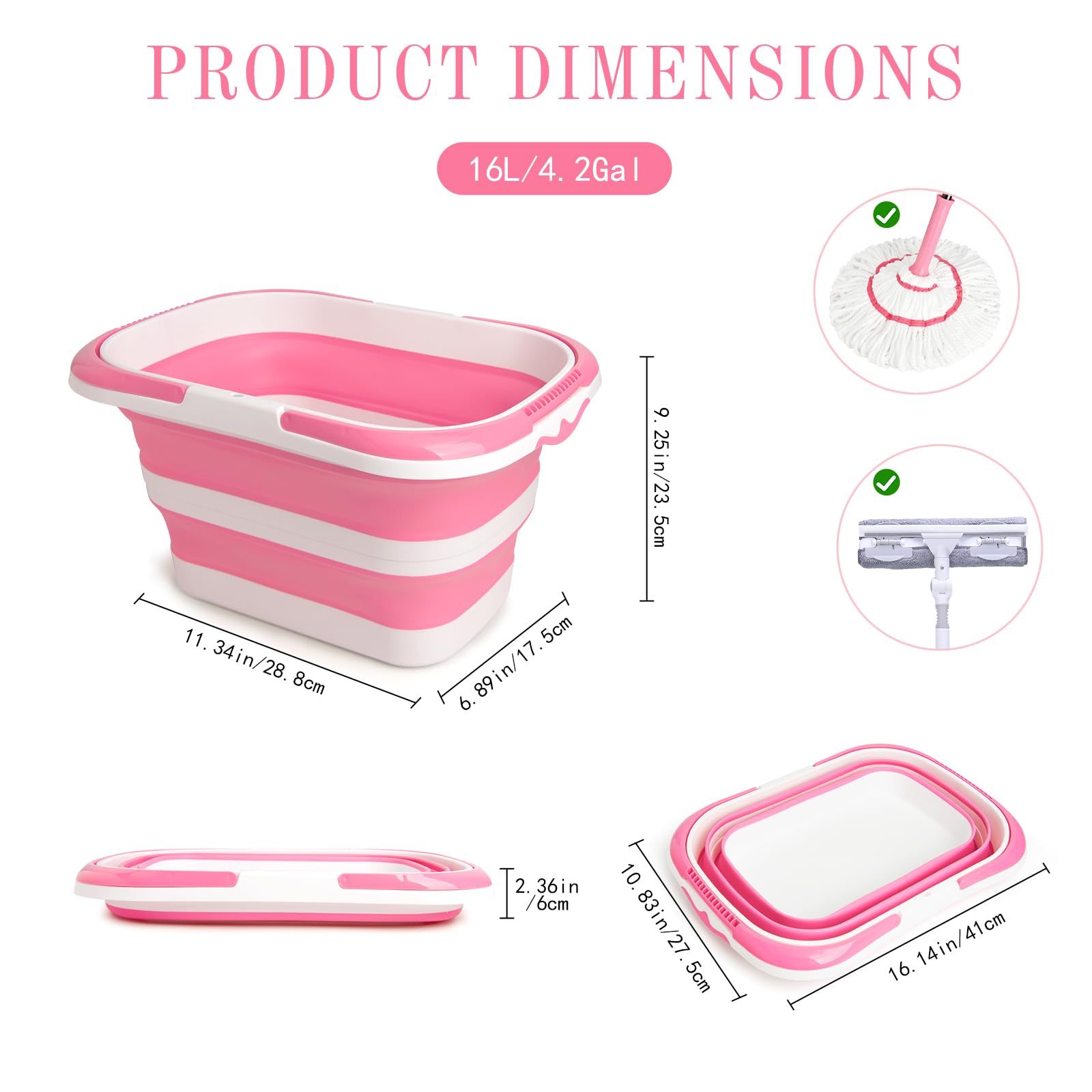 XXFLOWER 16L Collapsible Cleaning Bucket with Handle, Silicone Foldable Bucket, Indoor & Outdoor Space-Saving for Home Storage, House Cleaning, Car Wash, Camping & Beach, Pink-White