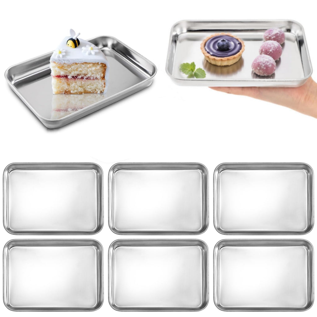 Lyellfe 6 Pack Small Stainless Steel Plates, 7''L x 5''W Mini Metal Food Tray Plate, Portable Size Baking Sheets for Oven, Food Safe Smooth Polished for Picky Eaters, Campers, Hand Project