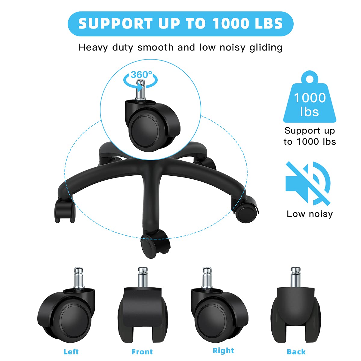 Office Chair Caster Wheels Replacement(Set of 5) for Hardwood Floors and Carpet- Heavy Duty Caster Support up to 1000bls, Office Rubber Chair Wheels,2 inch,Universal Size (Black)