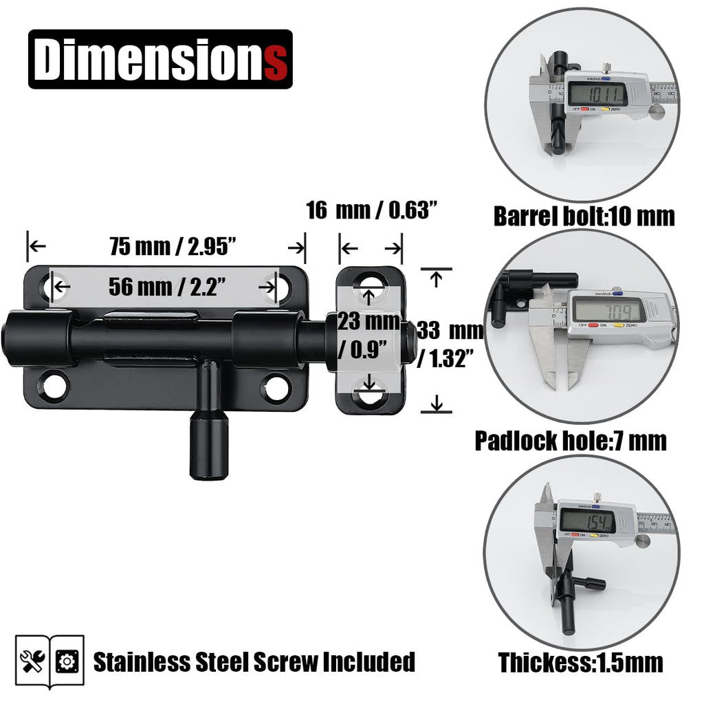 JQK Door Security Slide Latch Lock Barrel Bolt, 304 Stainless Steel Sliding Gate Latches Thickened 1.4mm with Padlock Hole, Black, 2 Pack HBB120-BK-P2
