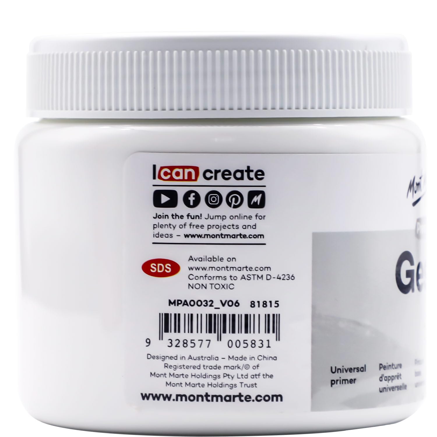 Mont Marte Premium Gesso 16.9oz (500ml), Suitable for Acrylic Paint, Oil Paint, Colour Pencils, Pastels, Graphite and Charcoal