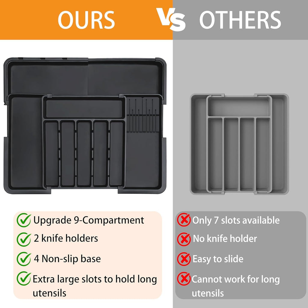 Oillase Silverware Organizer - Expandable Large Kitchen Drawer Organizer Utensil Organizer with 2 Removable Knife Blocks, 22"x 19"Cutlery Tray Drawer Dividers for Kitchen Flatware(6-9 Slots) (Black)