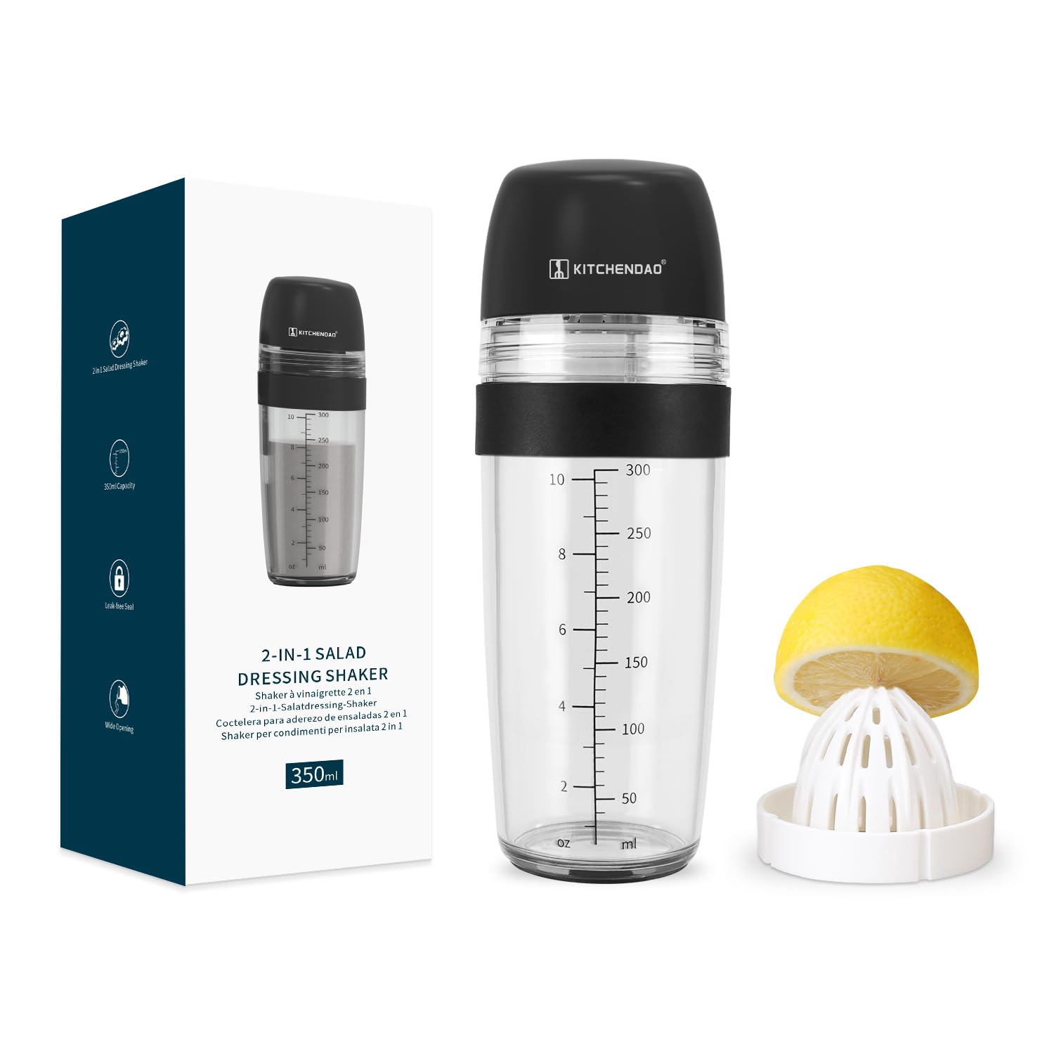KITCHENDAO 2 in 1 Salad Dressing Shaker Container with Juicer, Pour Spout, Leakproof, Dishwasher Safe, BPA Free, Homemade Oil and Vinegar Salad Dressing Bottle Mixer Dispenser, 1-1/2 Cups (Black)