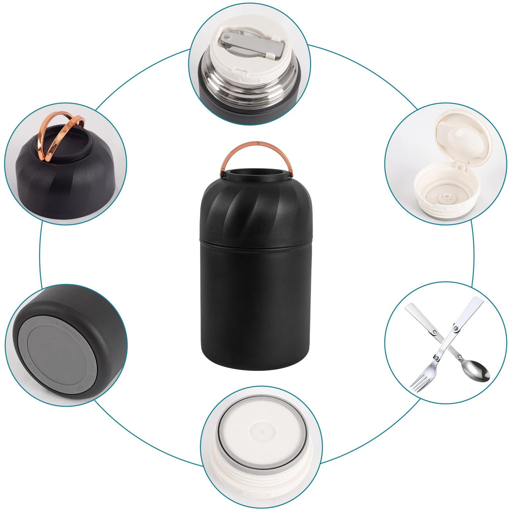 Vuzsbcmx Insulated Food Flask for Hot Food, 28 oz Insulated Food Jar with Folding Spoon and Foldable Fork, Leak Proof Double Wall Vacuum Insulated Soup Container Keep Food/Liquid Hot Or Cold