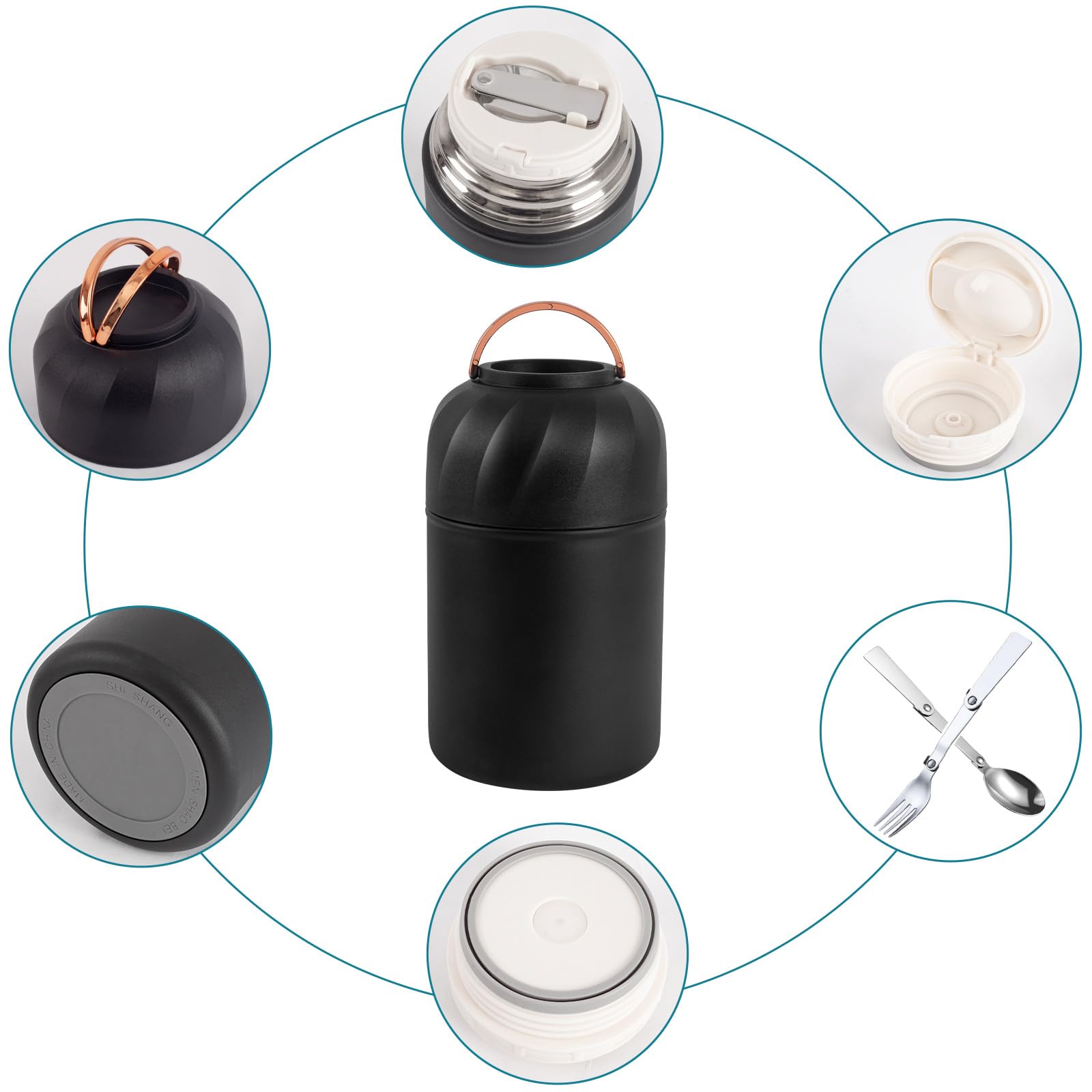 Vuzsbcmx Insulated Food Flask for Hot Food, 28 oz Insulated Food Jar with Folding Spoon and Foldable Fork, Leak Proof Double Wall Vacuum Insulated Soup Container Keep Food/Liquid Hot Or Cold