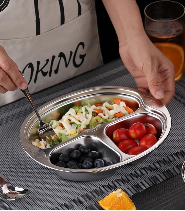 SOUJOY 4 Pack Stainless Steel Divided Plate, 3 Sections Diet Control Dinner Plate, Unbreakable Monkey Shape Compact Food Serving Tray for Kids, Picky Eaters, Campers