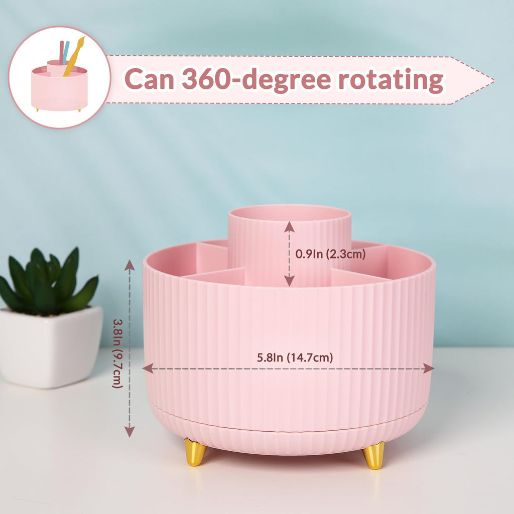 SKYDUE Pink 360 Rotating Plastic Desk Pen Organizer with 5 Slots, Dual-Purpose Art Supply Pencil Cup for Office, School, Home