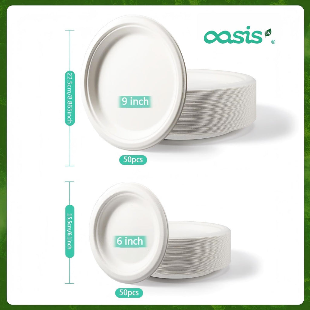 OasisSN 100-Pack Compostable Paper Plates Set – Includes 6" & 9" Heavy-Duty Sugarcane Plates (50 Each) – Eco-Friendly Disposable Plates for Meals, Snacks, and Parties