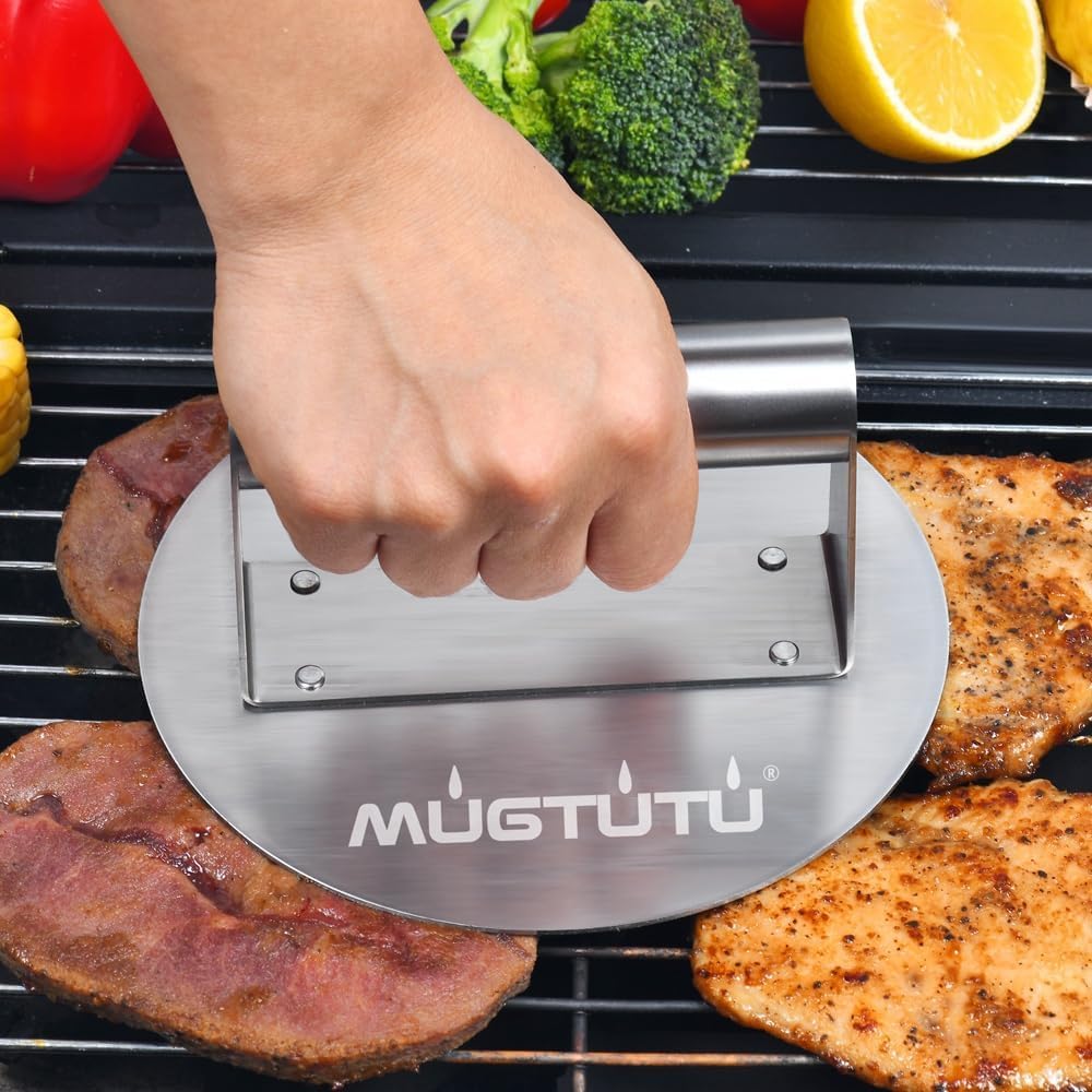 Burger Press, 6.3 Inch Stainless Steel Smash Non-Stick Smooth Hamburger Bacon Grill Press Perfect for Flat Top Griddle Cooking