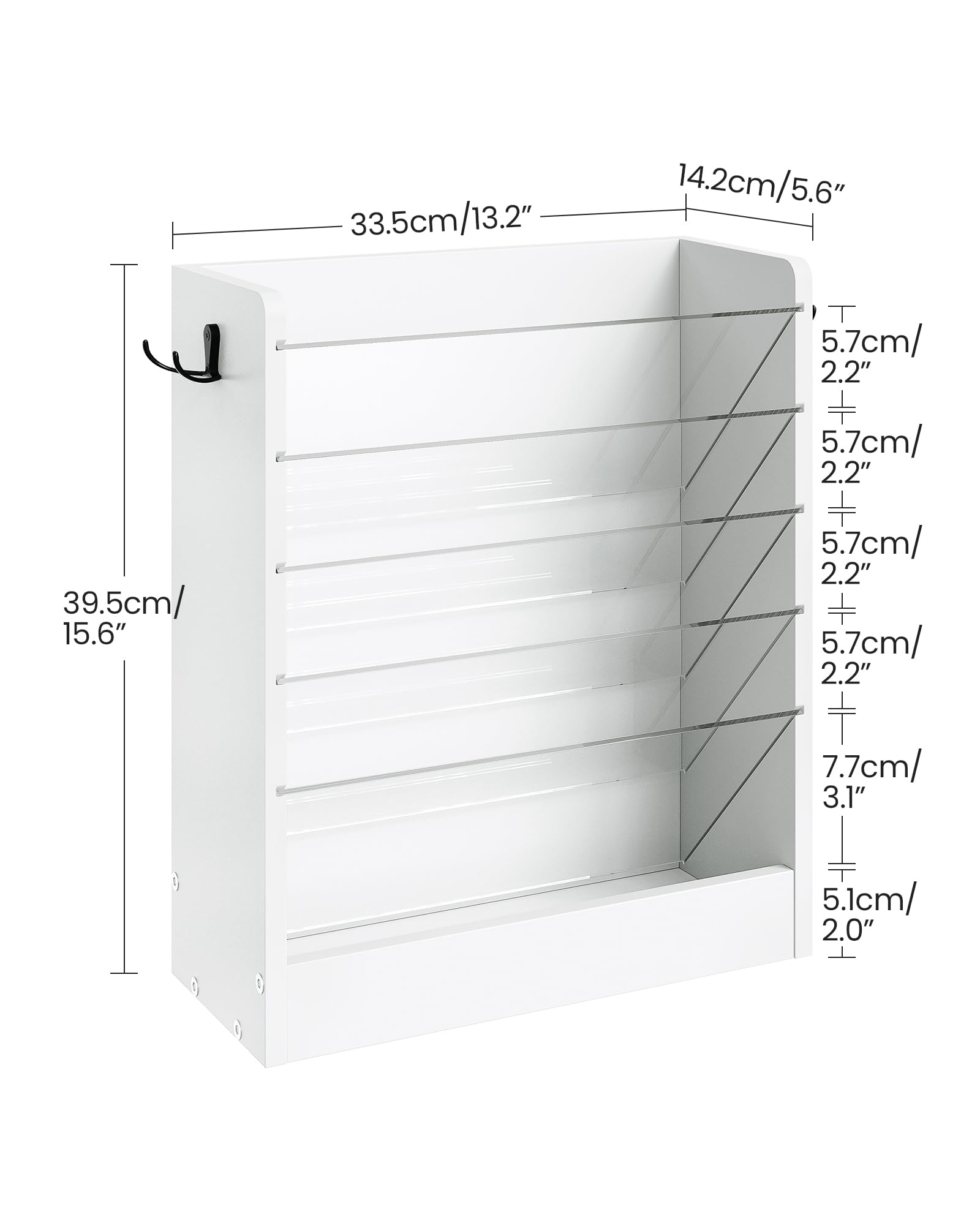 CHOEZON Wall File Holder, 6-Tier File Organizer, Office Supplies Storage Rack, Versatile Desktop Organizer, with Detachable Shelves, with Side Hooks, for Living Room, Study, Home Office, White MWJ02WB