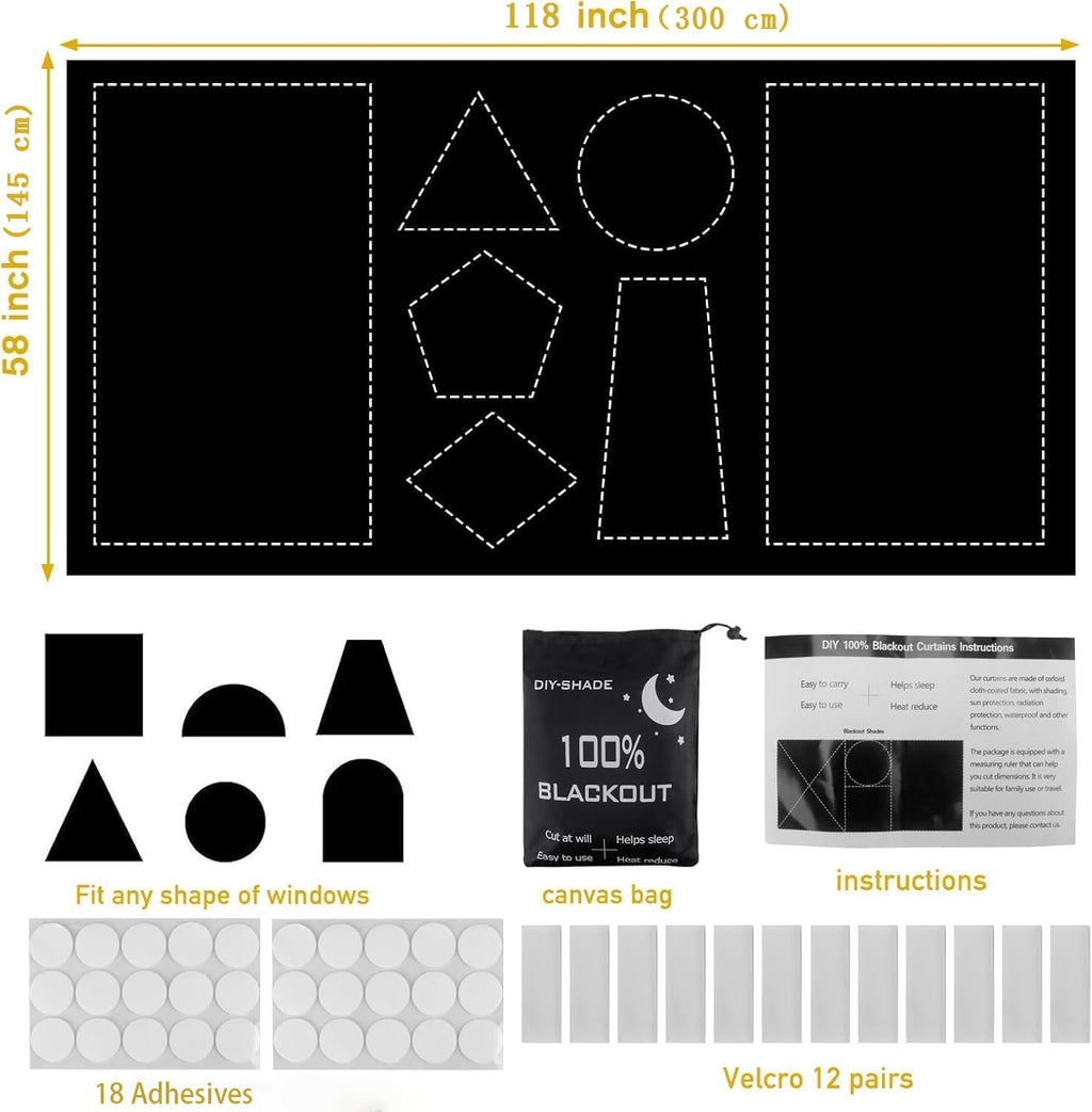 Blackout Blinds 300x145 cm,100% Blackout Curtains for Window, Portable Blackout Shades Film for Bedroom, Cut to Any Size, Temporary Black Out Blinds for Windows Cover Nursery Baby Travel RV