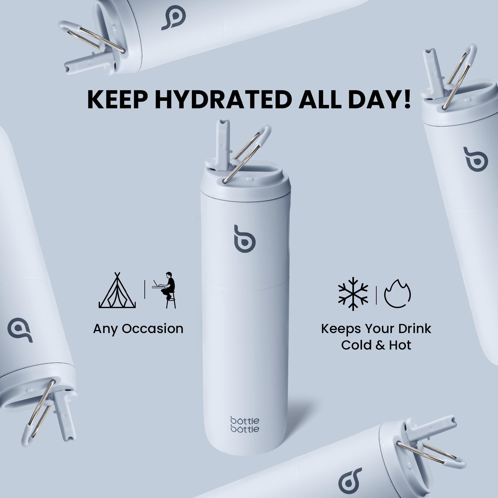 Bottle Bottle Insulated Water Bottle 24oz with Straw Lid and Handle for Sports Travel Gym Stainless Steel Water Bottles Double-Wall Vacuum Metal Bottles Leak Proof BPA-Free (Light Blue)