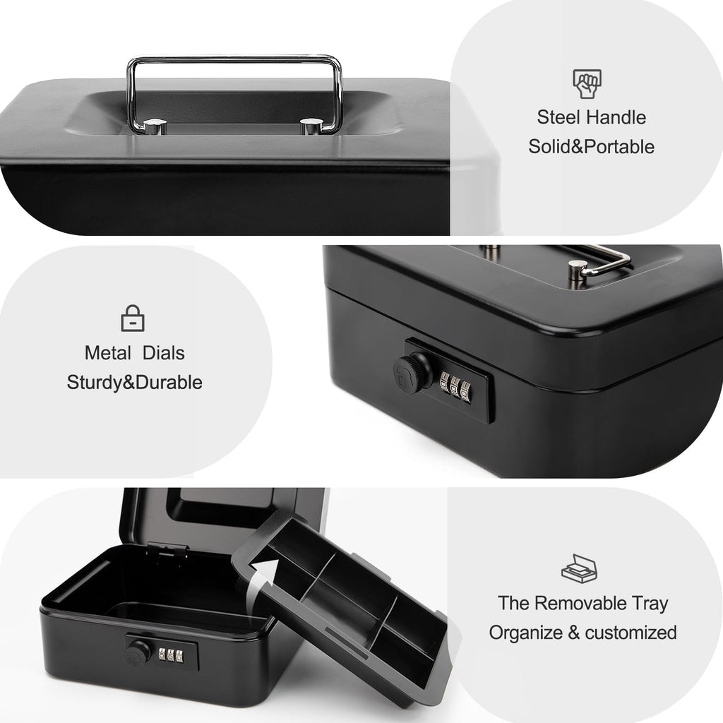 Jssmst Small Cash Box with Combination Lock – Durable Metal Cash Box with Money Tray Black,7.87 x 6.3 x 3.35 inches, CB0701M