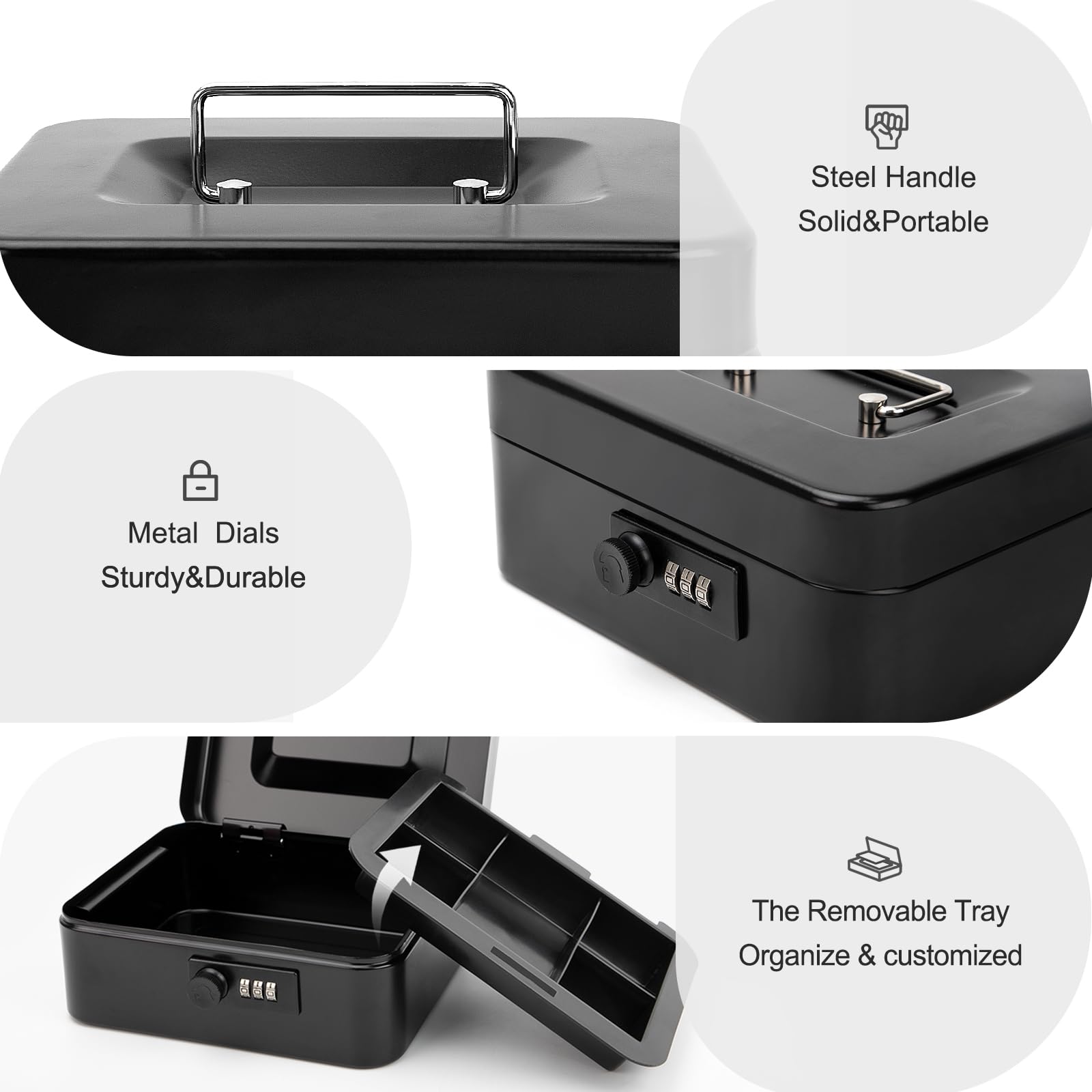 Jssmst Small Cash Box with Combination Lock – Durable Metal Cash Box with Money Tray Black,7.87 x 6.3 x 3.35 inches, CB0701M