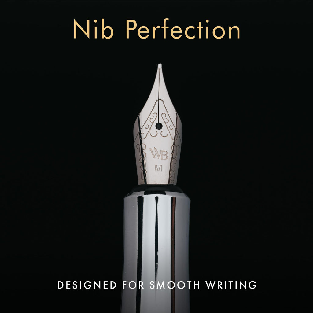 Wordsworth and Black Fountain Pen Mini EDC: Luxury Black Heavy Pocket Pen, Chrome Finish, Medium Nib, 6 Ink Cartridges, Ink Converter, Travel Refillable Writing Pen Gift Set, Men & Women