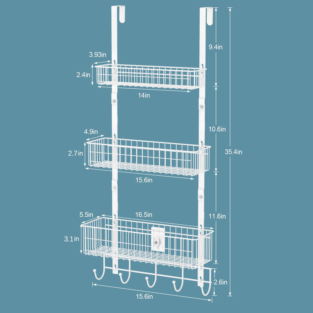 OYEAL Over The Door Basket Organizer 3 Tier Hanging Kitchen Storage Rack Heavy Duty Pantry Organizer with 3 Basket and 5 Hooks Door Back Metal Wire Basket for Kitchen, Bathroom, Office, White