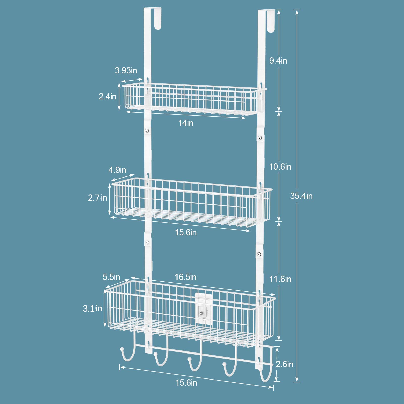 OYEAL Over The Door Basket Organizer 3 Tier Hanging Kitchen Storage Rack Heavy Duty Pantry Organizer with 3 Basket and 5 Hooks Door Back Metal Wire Basket for Kitchen, Bathroom, Office, White
