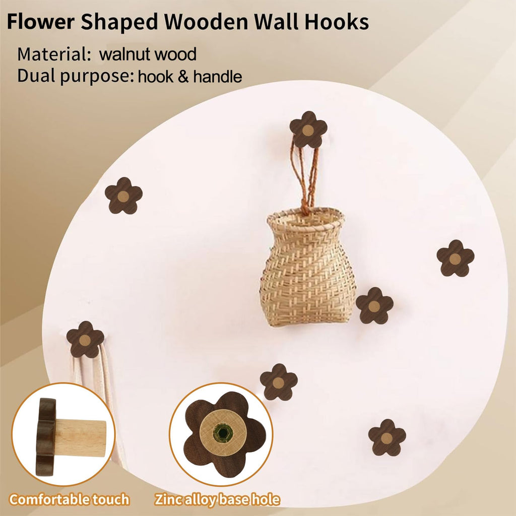 MOROBOR 6pcs Flower Shaped Wooden Cabinet Knobs, Single Hole Walnut Wood Handles Nursery Pulls for Chest of Drawers with Screws & Expansion Tube