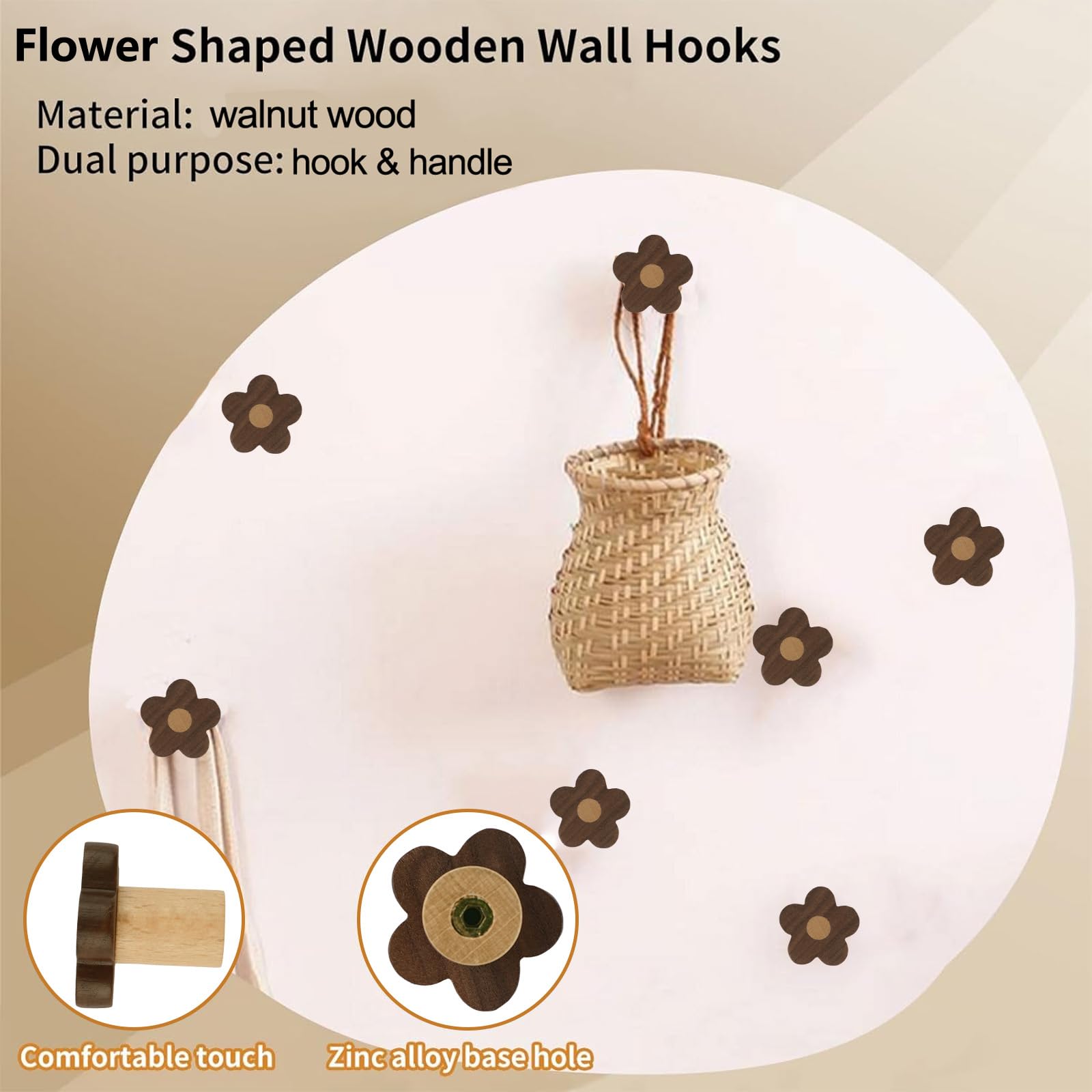 MOROBOR 6pcs Flower Shaped Wooden Cabinet Knobs, Single Hole Walnut Wood Handles Nursery Pulls for Chest of Drawers with Screws & Expansion Tube