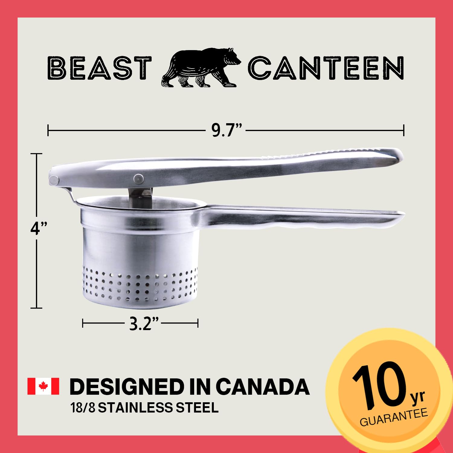 Beast Canteen Potato Ricer - 18/8 Stainless Steel, Silver, Professional Kitchen Tool, Press, Large Masher