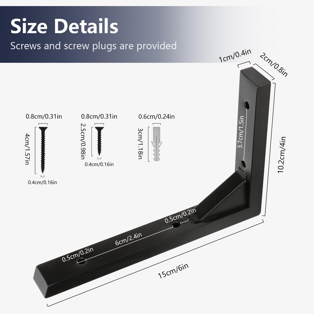 Terafeels 4 Pack Black Shelf Brackets – Stainless Steel L Shaped Wall Shelf Supports with Triangular Reinforcement, Hollow Design, Screws and Wall Plugs Included 6 Inch