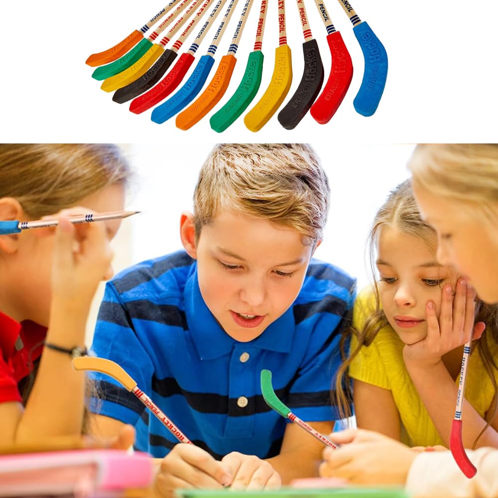 24 Pcs Hockey Pencils Hockey Stick Pencil with Erasers, Party Bag Fillers Sport Themed Party Favors Decorations for Sports Fans,Students Reward Gifts and School Prize