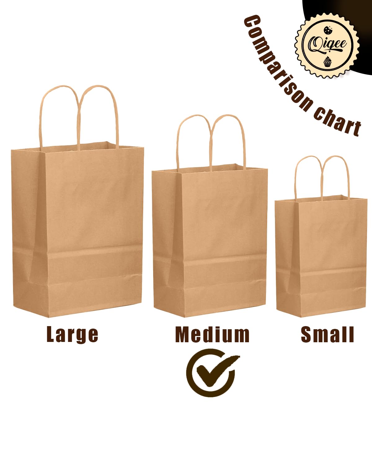 qiqee 50-Packs Brown Paper Gift Bags with Handles Bulk 11"x5"x8" Medium Size Paper Bags Multiple Uses(27x20x12cm,Medium Size)