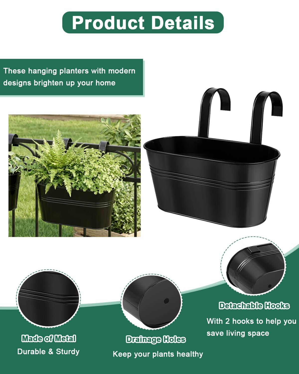 vensovo Metal Railing Planter for Outdoor Plants - 3 Pack Balcony Hanging Planter Box with Detachable Hooks and Drain Holes Oval Hanging Pots Fence Planters for Railing Garden Fence, Black