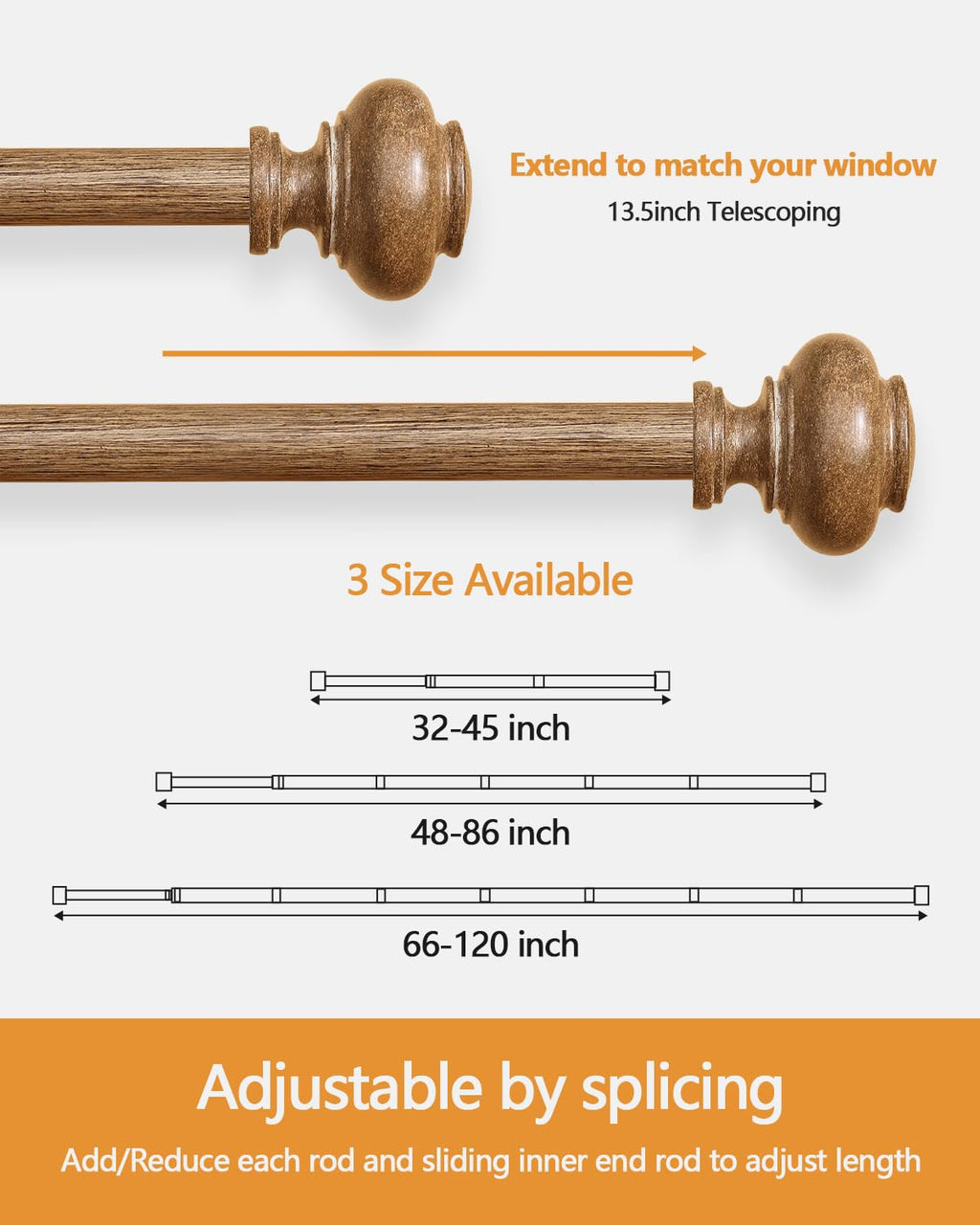Wood Curtain Rods for Windows 48 to 84 Inch, 1 Inch Adjustable Curtain Rod Heavy Duty Wood Grain Boho Drapery Rods Decorative Farmhouse Rustic Outdoor Curtains Rod