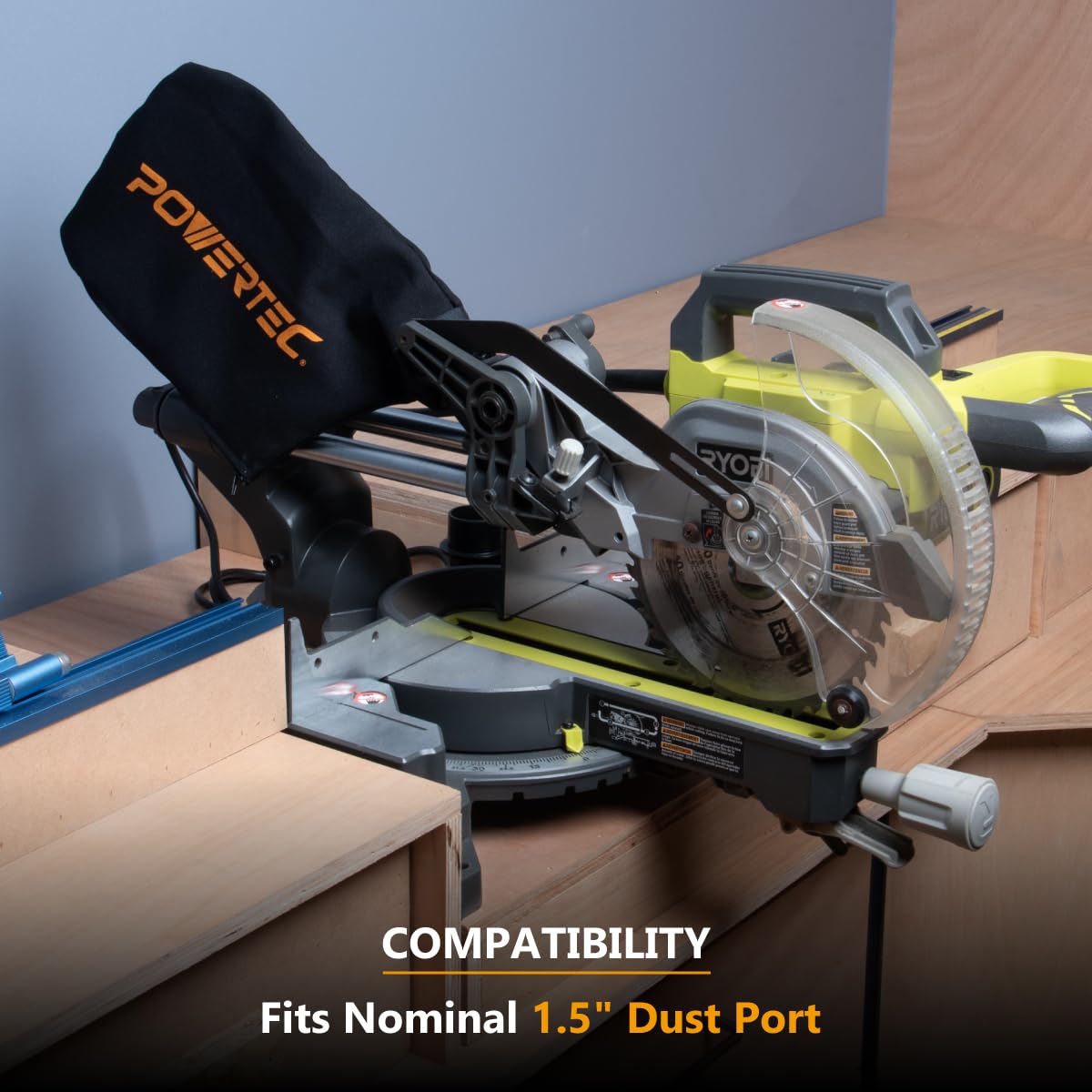 POWERTEC Miter Saw Dust Collector Bag for 7-1/4", 8-1/2" Miter Saw, Fits Nominal 1-1/2" Dust Ports, Hook and Loop Dust Bag w/Zipper, Wired Adjustable Stand Miter Saw Accessories (75081)
