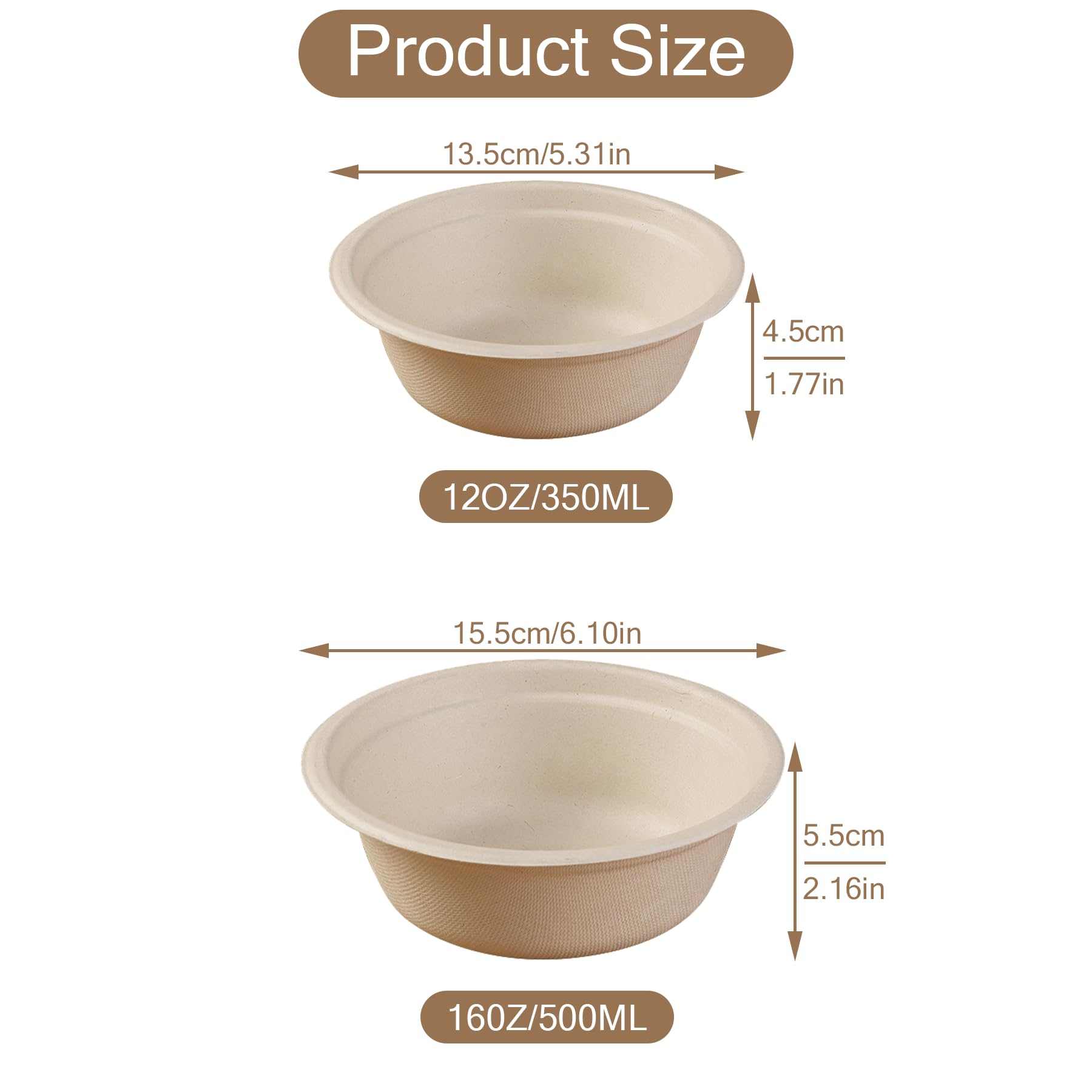 16oz Compostable Paper Bowls,100% Biodegradable Disposable Bowls， Heavy-Duty Soup Bowls，50 Pack Eco-Friendly Salad Bowl for Hot and Cold Food Eco-Friendly Sugarcane Bowls (16oz)