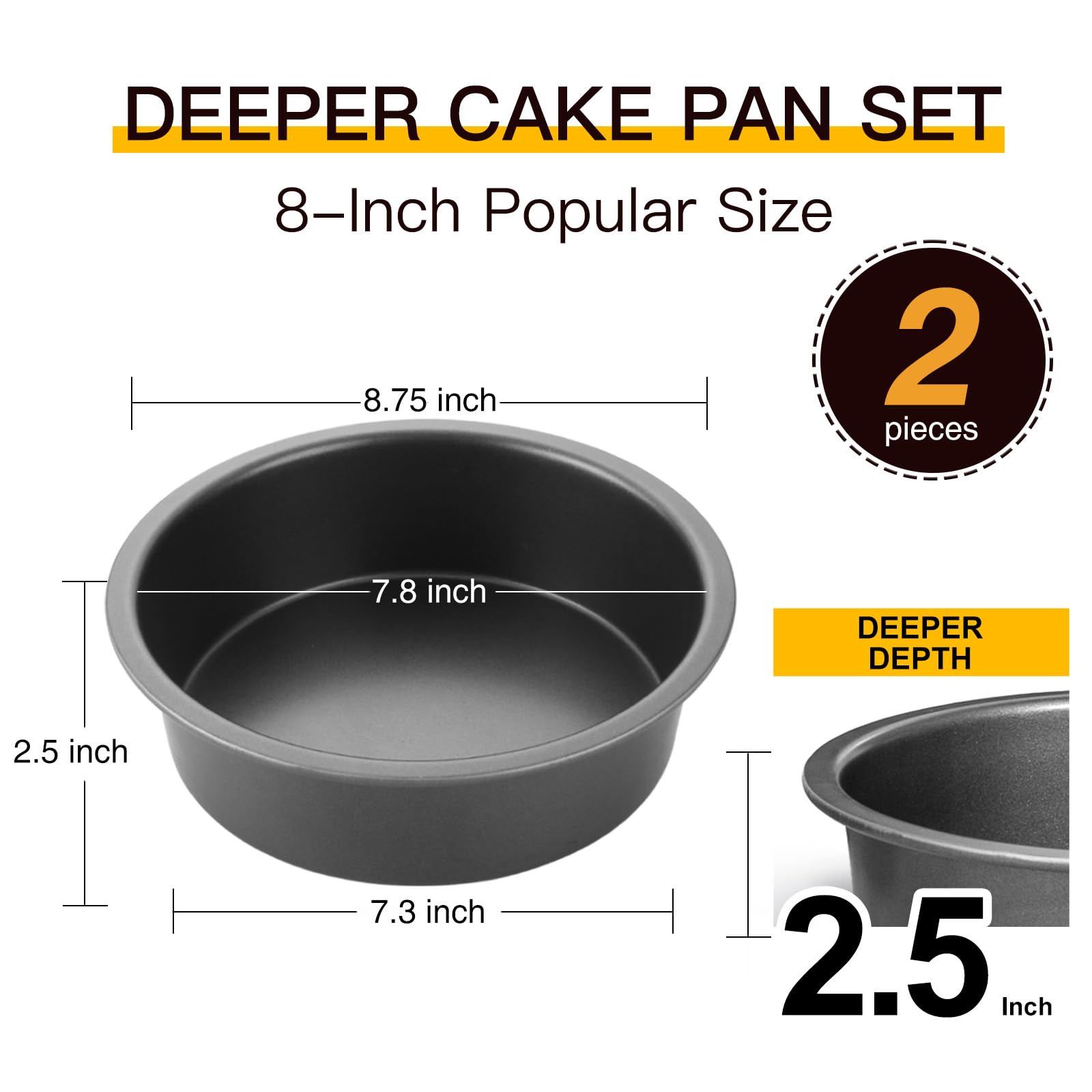 HONGBAKE 8 Inch Round Cake Pan Set for Baking, Nonstick Circle Cake Pans with Wider Grips, 2 Pieces Layer Cake Tin, Cheesecake Mold, Huty Duty, Dishwasher Safe - Grey