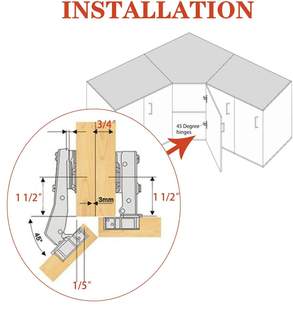 TamBee 1 Pair 45 Degree Hinges Soft Close Cabinet Corner Hinges Kitchen Cupboard Concealed Hinges Stainless Steel Hydraulic Buffer Dampers for Cabinet Door with Screws