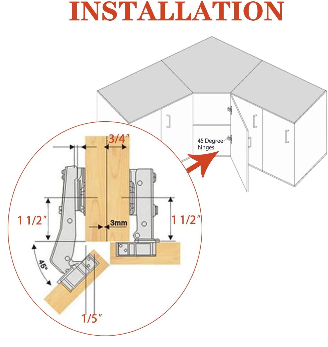 TamBee 1 Pair 45 Degree Hinges Soft Close Cabinet Corner Hinges Kitchen Cupboard Concealed Hinges Stainless Steel Hydraulic Buffer Dampers for Cabinet Door with Screws
