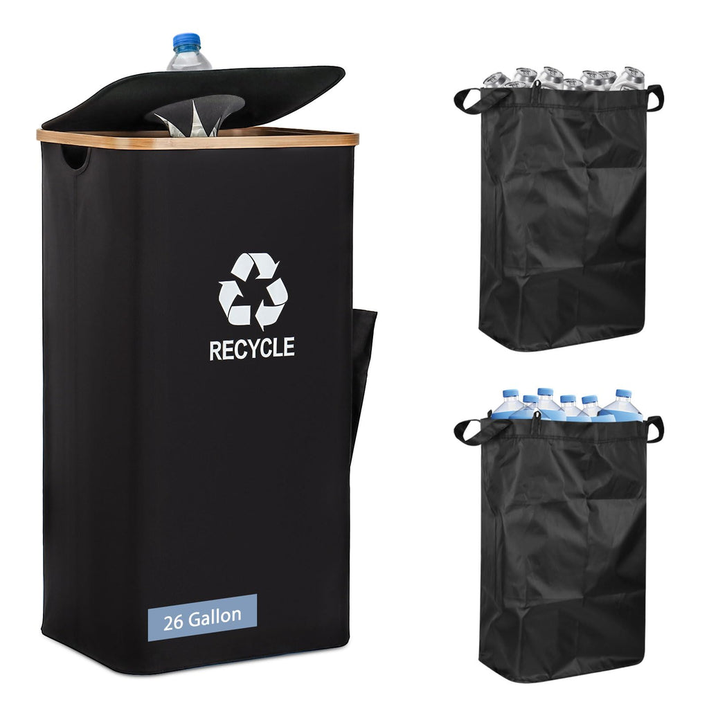 Recycling Bin Organizer for Home - 26 Gallon Recycle Bin for Kitchen with 2 Reusable Inner Bags - Indoor Recycling Bins with Lid for Bottles Cans Glass Plastic Cartons, Waterproof & Reusable (Black)