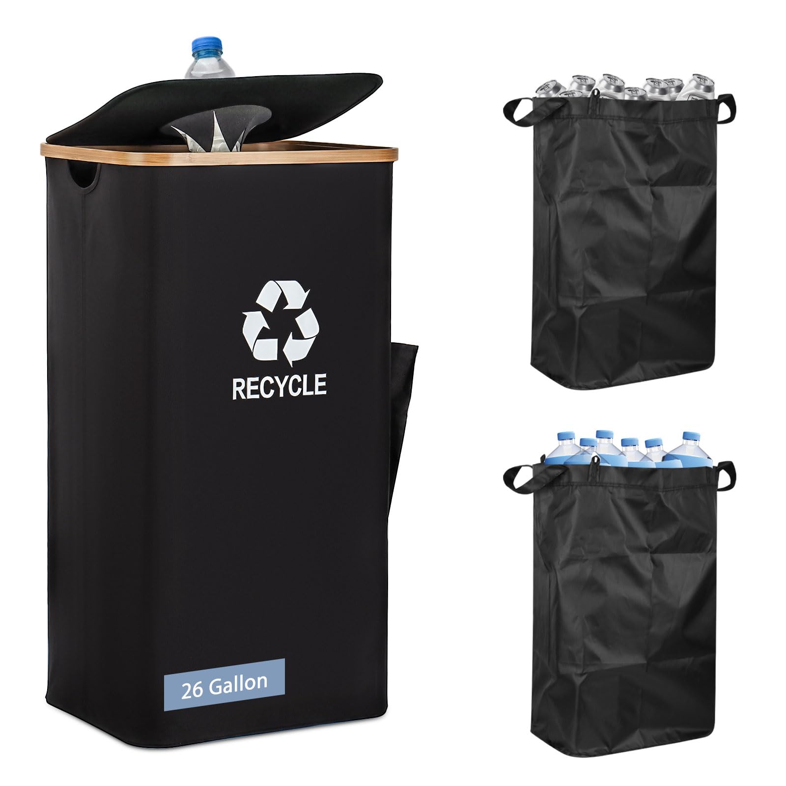 Recycling Bin Organizer for Home - 26 Gallon Recycle Bin for Kitchen with 2 Reusable Inner Bags - Indoor Recycling Bins with Lid for Bottles Cans Glass Plastic Cartons, Waterproof & Reusable (Black)