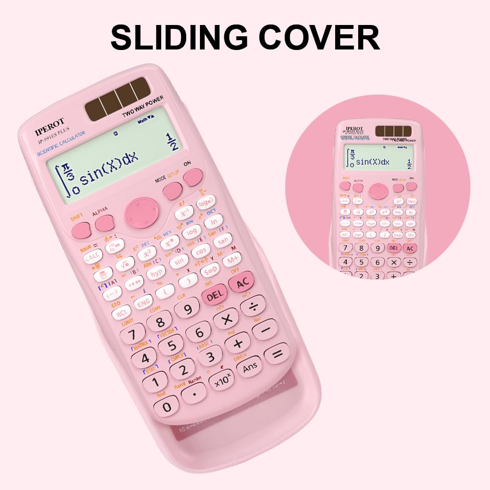 Scientific Calculators, IPEROT Solar Scientific Calculator Large Screen 417 Function, Calculators Very Suitable for High School and College Students Calculus Algebra and Other Math Textbooks (Pink)