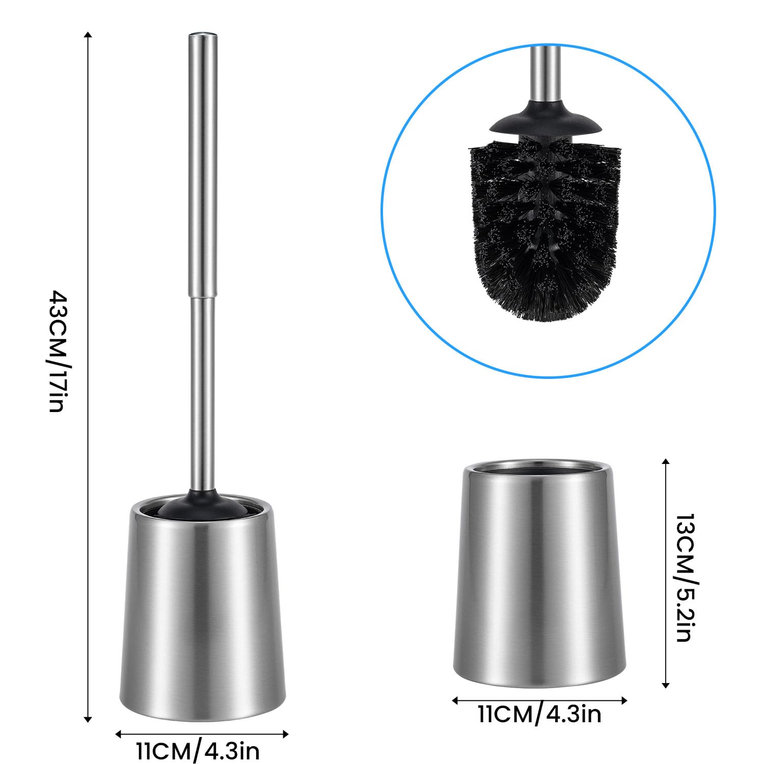 Smartbin Stainless Steel Toilet Brush and Holder Toilet Brush and Cases Bathroom Bowl Cleaning Brush Double Layer Holder Long Brush Handle High Density Bristles Silver
